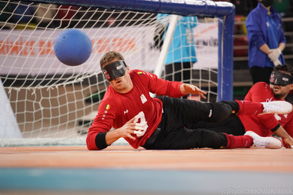 Tom Vanhove of Belgium is pictured in goal as the goalball appears to be getting past him